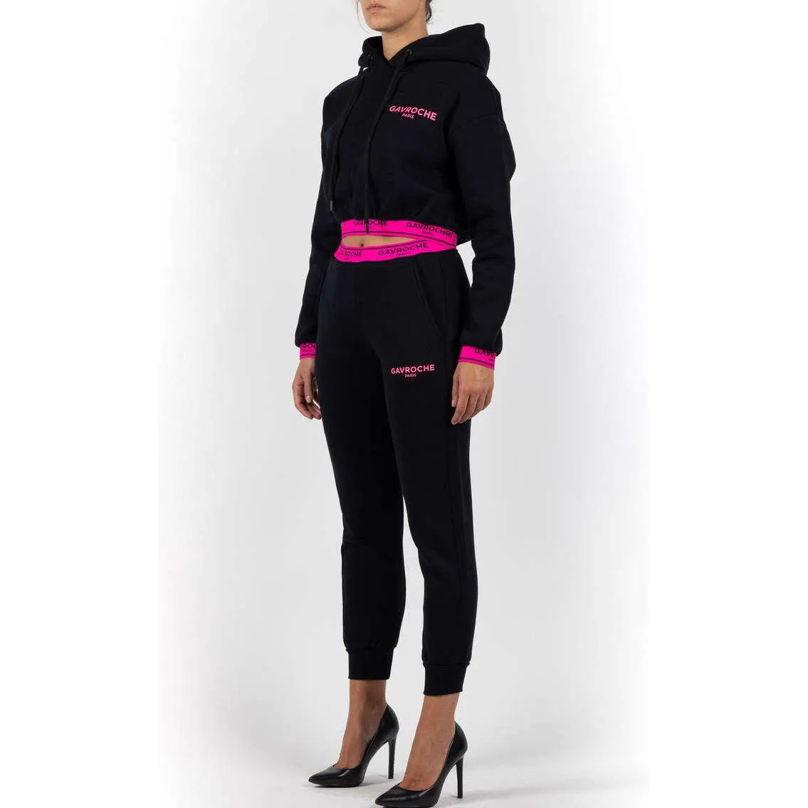 Gavroche Donna Felpa Corta Crop Con Cappuccio Track Top Elastico Pink